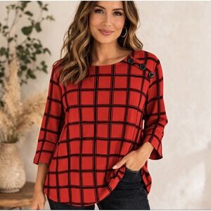 Ali Miles Red Black Windowpane Plaid Tunic Top XL Button Shoulder Stretch Comfy